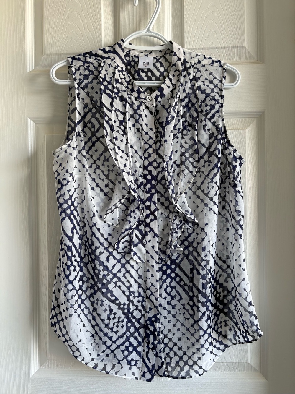 CAbi Navy & White Sleeveless Ruffle Tie Blouse